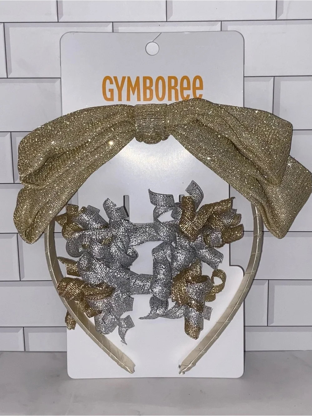 Gymboree Girls’ “All Dressed Up” Gold and Silver Sparkly Bow Headband and Clips